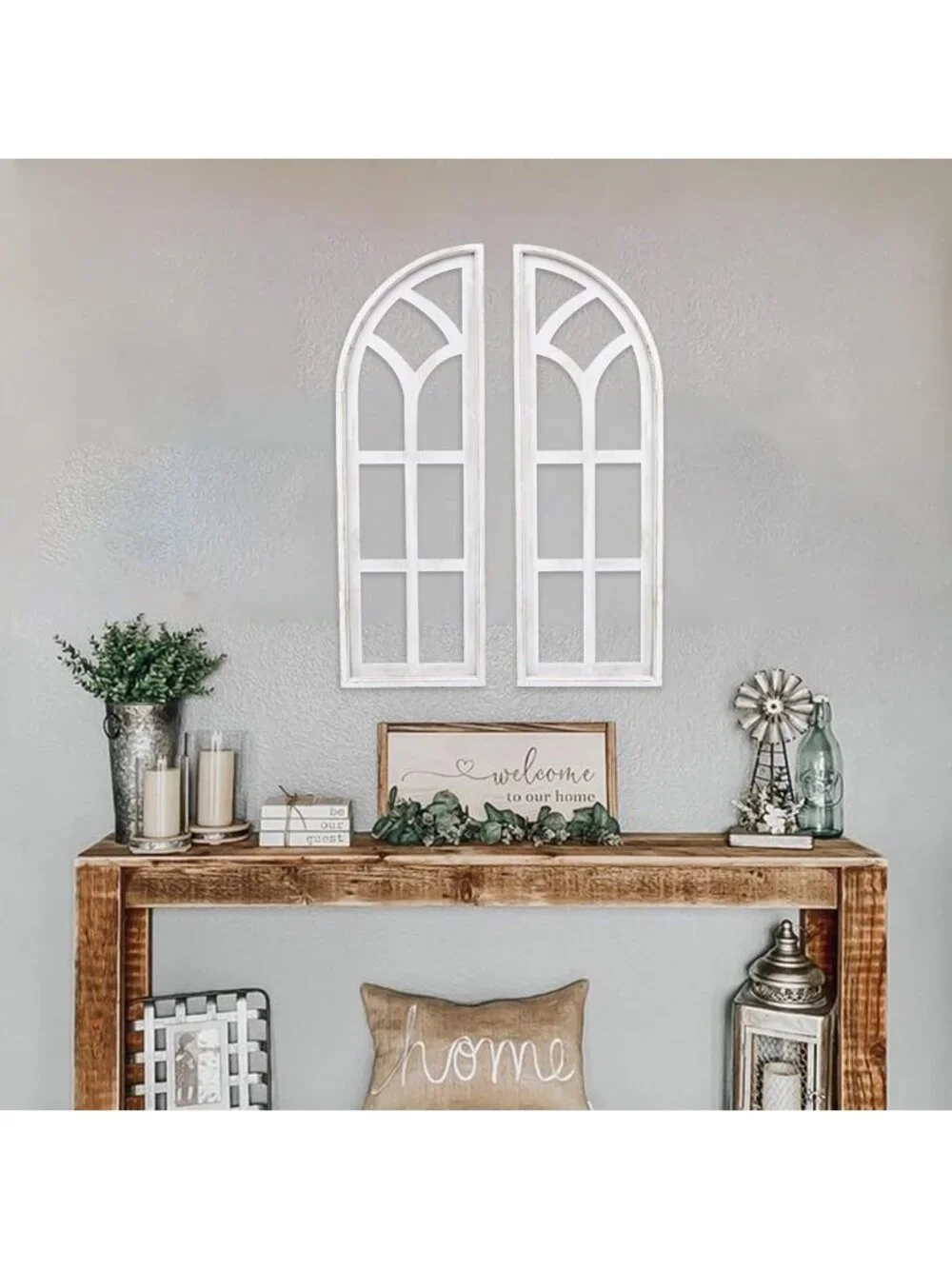 Set of 2 Large Cathedral Arch Window Frame Wall Decor - Rustic Wood Art